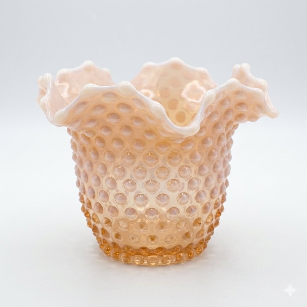 Fenton Peach Opalescent Hobnail Ruffled Vase Bowl Vintage Art Glass 7.5"